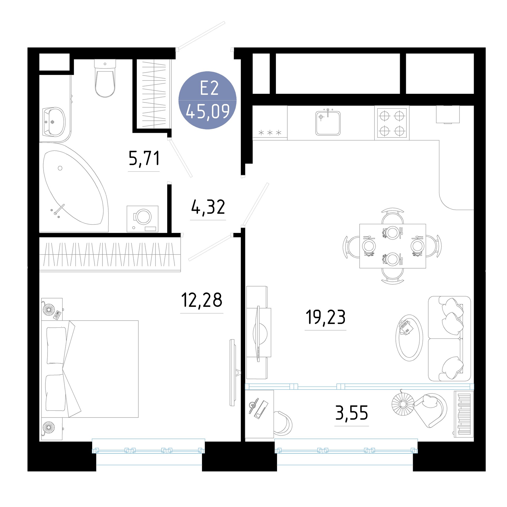 Квартира с одной спальней и гостиной 45м² (Евро-2)